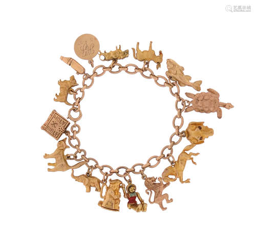 A gold charm bracelet, set with sixteen assorted gold charms, 55g total