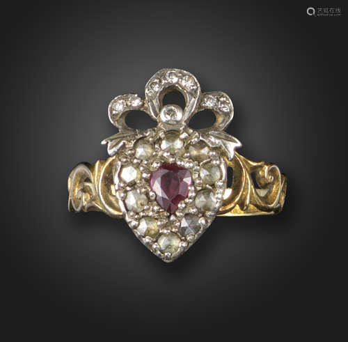 A George III ruby and diamond cluster ring, the heart-shaped cluster centred with a pear-shaped ruby