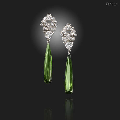 A pair of tourmaline and diamond drop earrings, the upper sections set with graduated circular-cut