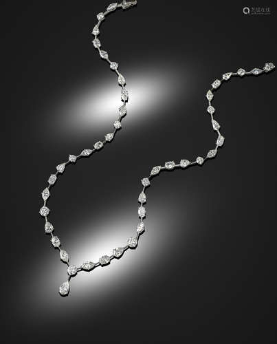 A diamond necklace, set with round brilliant-cut, marquise, oval and pear-shaped diamonds on white