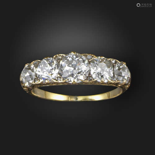 A Victorian diamond five-stone ring, set with give graduated old circular-cut diamonds and rose-