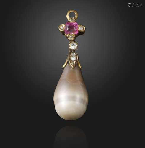 A gem-set natural pearl pendant, the pearl suspends from a diamond-set foliate cap, the bale set