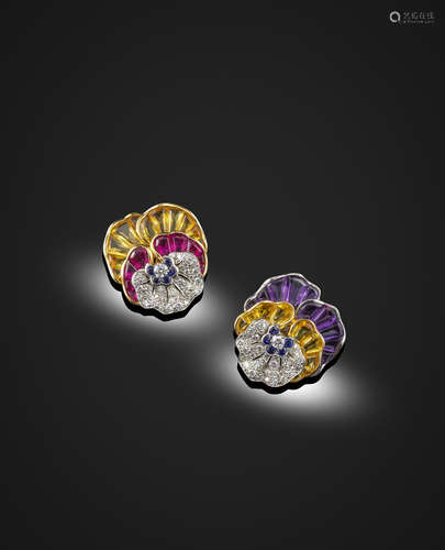 A pair of diamond and gem-set pansy ear clips by Oscar Heyman & Brothers, c.1940s, set with