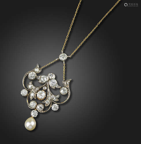 A Victorian natural pearl and diamond pendant, of scrolling foliate design set overall with