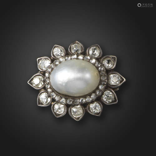 A Victorian natural pearl and diamond brooch, of flowerhead design, the natural pearl set within a