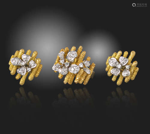 A diamond-set gold ring and earring set, of abstract design, with diamond-set flowerheads on