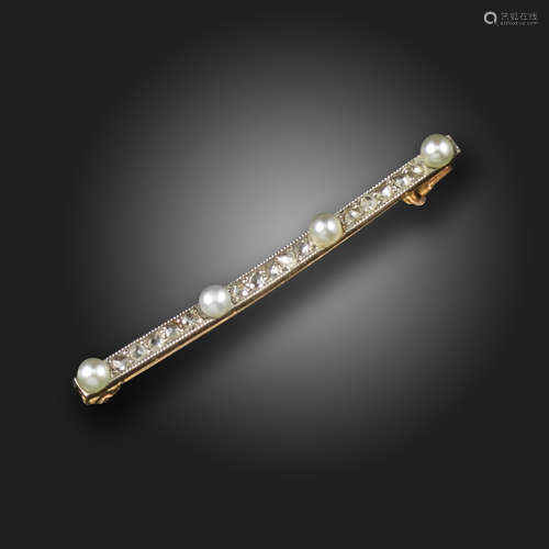 A seed pearl and diamond bar brooch, set with rose-cut diamonds and four seed pearls in platinum and