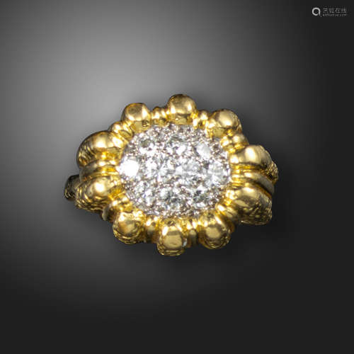 A diamond-set gold dress ring, c.1970, pavé-set with round brilliant-cut diamonds in a textured