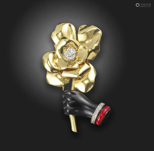 A diamond-set gold 'Mascot' brooch by Cartier, designed as a hand holding a flower, centred with