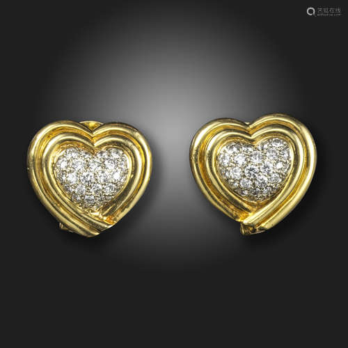 A pair of French diamond-set heart earrings, the centre sections pave-set with round brilliant-cut