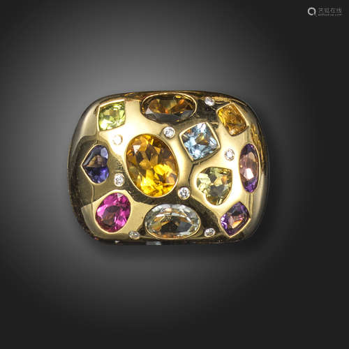 A multi gem-set gold ring, set with fancy-cut citrines, peridots, quartz, tourmalines, topaz and