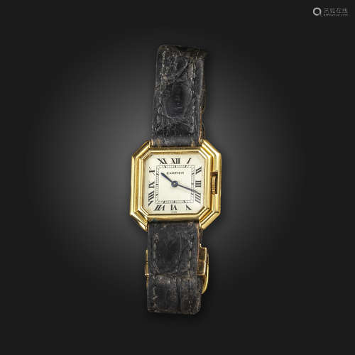 A lady's gold Ceinture wristwatch by Cartier, the signed octagonal dial with black Roman numerals,