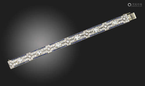 A sapphire and diamond bracelet, set with old circular-cut diamonds in hexagonal collets within