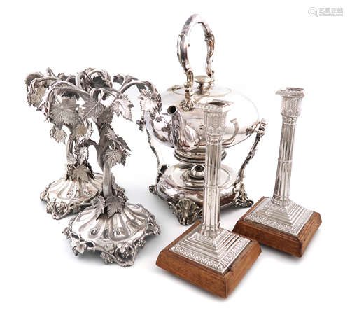 A mixed lot of electroplated items, comprising: a pair of tazza stands, with a central vine column