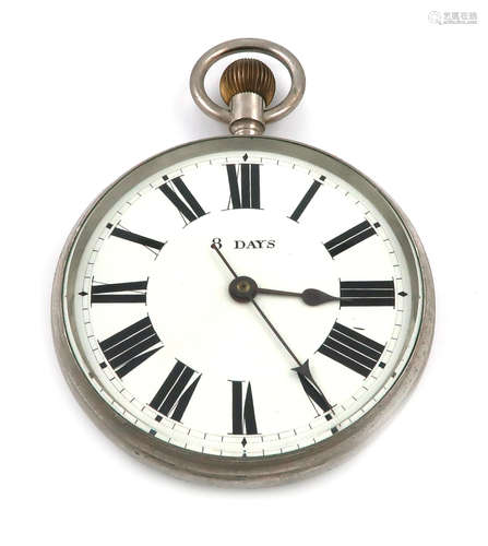 A large electroplated Goliath pocket watch, the face with Roman numeral and '8 Days', with a ring