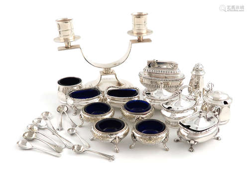 A mixed lot, comprising silver items: an Art Deco two light candelabrum, by the Adie Brothers,