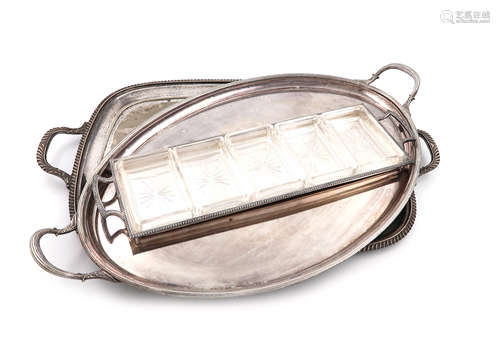 A George III old Sheffield plated two-handled tray, unmarked circa 1800, oval form, leaf capped