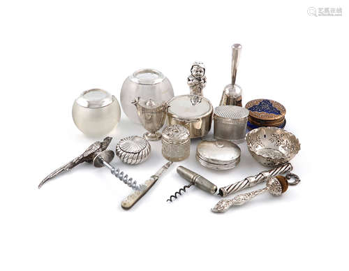 A mixed lot, comprising silver items: a modern corkscrew, the handle modelled as a pheasant,