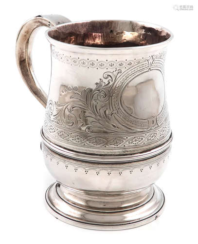 A George II silver mug, by John Bayley, London 1759, baluster form, central girdle, scroll handle,