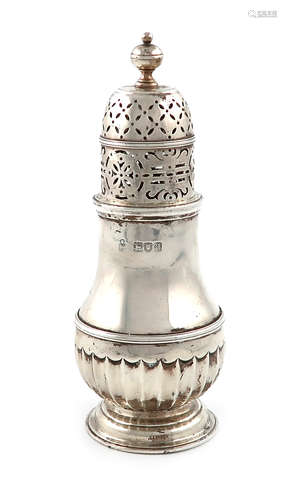 A late-Victorian silver sugar caster, by Hunt and Roskell, London 1896, baluster form, part-fluted