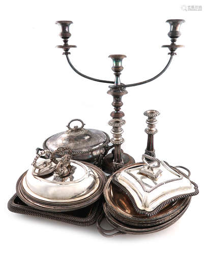 A mixed lot of old Sheffield plated and electroplated items, comprising: a pair of candlesticks,