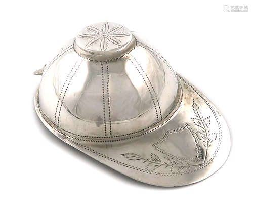 A large George III novelty silver jockey cap caddy spoon, maker's mark ?N, London 1817, bright-cut