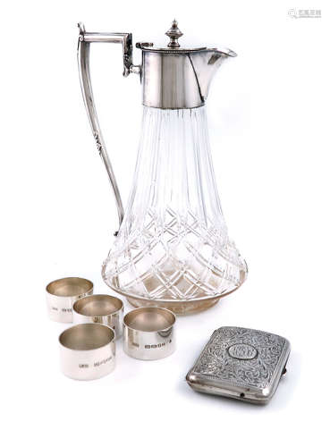 A mixed lot, comprising: an electroplated-mounted cut glass claret jug, unmarked, tapering