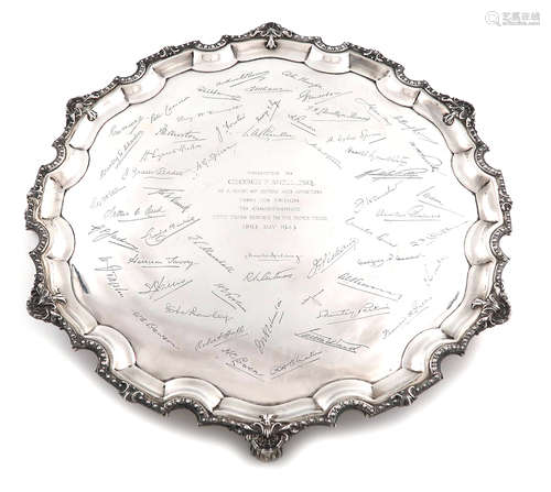 A large silver salver, by Mappin and Webb, Sheffield 1941, circular form, beaded and shell border,