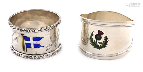 An Edwardian silver and enamel souvenir napkin ring, by Walker and Hall, Sheffield 1905, enamelled