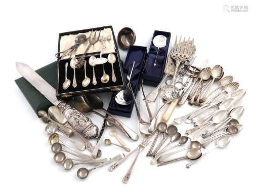 A mixed lot of silver flatware, various dates and makers, comprising: a Victorian cheese scoop, by
