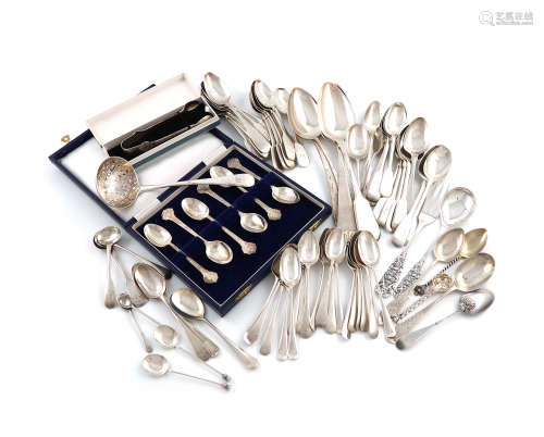 A collection of silver flatware, various dates and makers, comprising: a cased set of tea teaspoons,