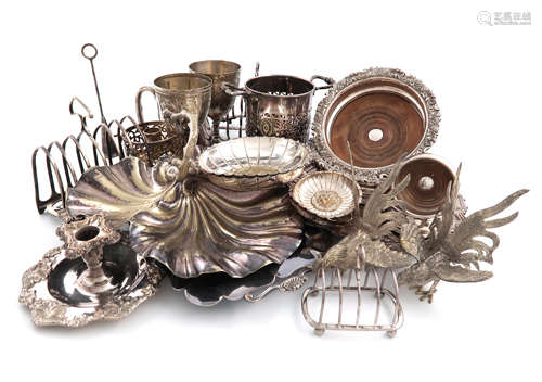 A mixed lot of electroplated item, comprising: a salver, of circular form, chased decoration, two