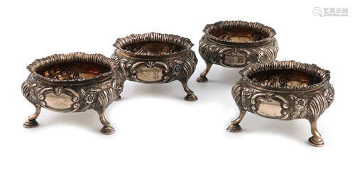 A set of four Victorian silver salt cellars, by Gibson & Langman, London 1896, cauldron form,