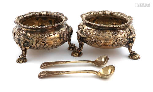 A pair of George IV silver-gilt salt cellars, by John Wakefield, London 1825, heavy circular