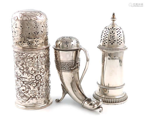 A small collection of three silver sugar casters, comprising: a Victorian one modelled as a drinking