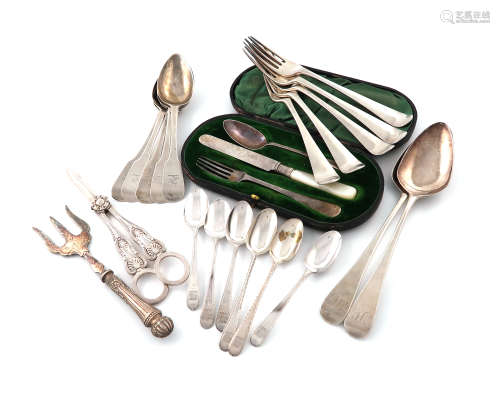 A mixed lot of silver flatware, comprising: a set of five George III Irish silver Hanoverian pattern