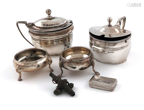 A mixed lot of silver items, comprising: two George III mustard pots, makers marks worn, London 1803