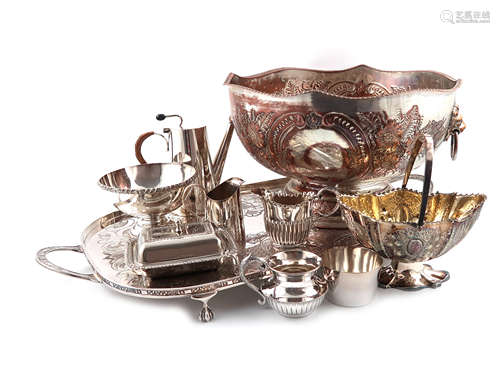 λA large quantity of electroplated items, including a four-piece tea and coffee set, a tray, a punch