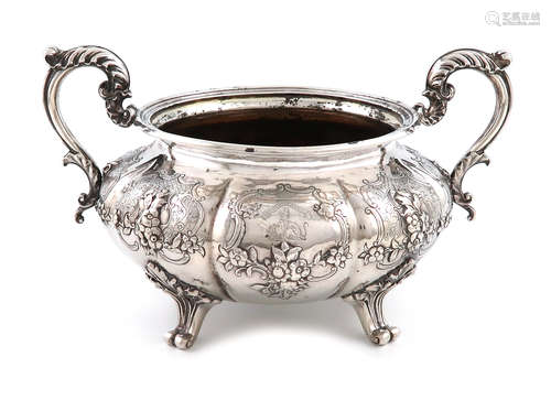 A Victorian two-handled silver sugar bowl, by Robert Hennell, London 1840, lobed circular form, leaf