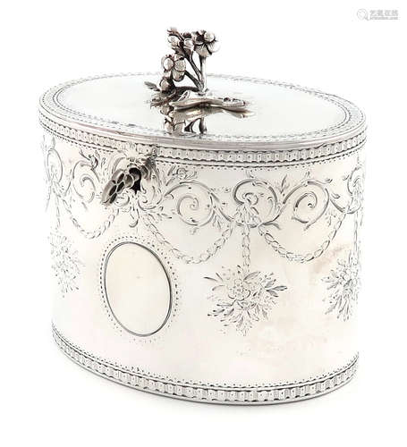 A George III silver tea caddy, by Aaron Lestourgeon, London 1772, oval form, engraved foliate