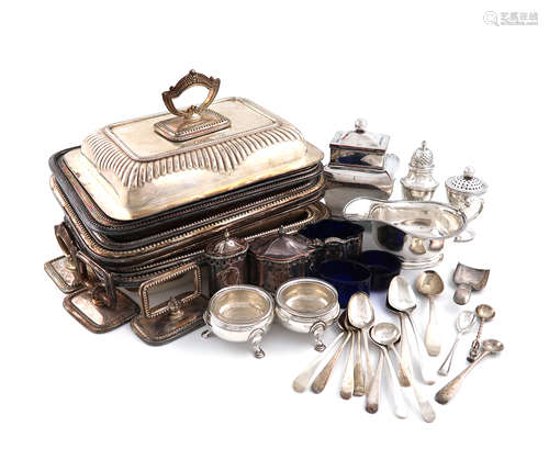 A mixed lot, comprising silver items: a pair of George II cauldron salt cellars, London 1759, on