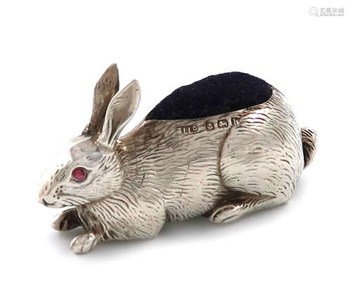 An Edwardian novelty silver rabbit pin cushion, by Adie and Lovekin, Birmingham 1907, with