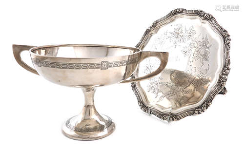 A two-handled silver tazza, by J. Gloster Ltd., Birmingham 1926, circular form, angular scroll