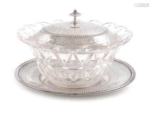 A Victorian silver-mounted glass butter dish, by The Barnards, London 1874, circular form, the cut