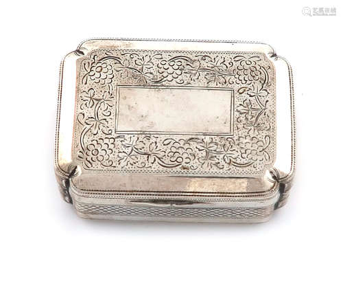 A George III silver snuff box, by John Shaw, Birmingham 1811, rectangular form, the cover and base