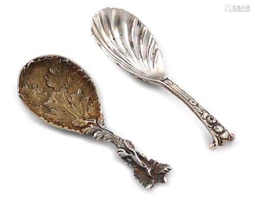 A Victorian cast silver caddy spoon, by George Adams, London 1865, gilded fig-shaped bowl with