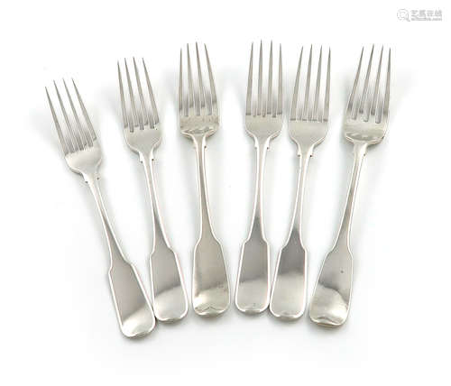 A collection of six George III Irish silver Fiddle pattern dessert forks, four by Richard