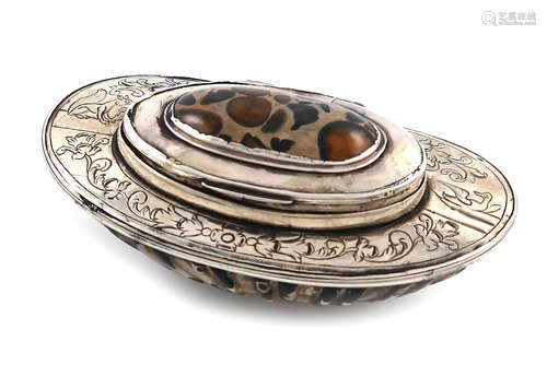 An 18th century silver-mounted shell snuff box, unmarked, oval form, the mounts with chased