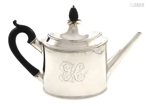 A George III silver teapot, by Peter and Ann Bateman, London 1799, oval form, scroll handle, flush-