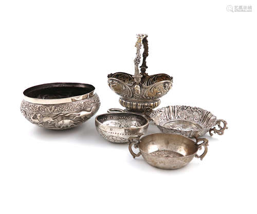 A mixed lot of foreign silver and metalware, comprising: an Indian bowl, circular bellied form,